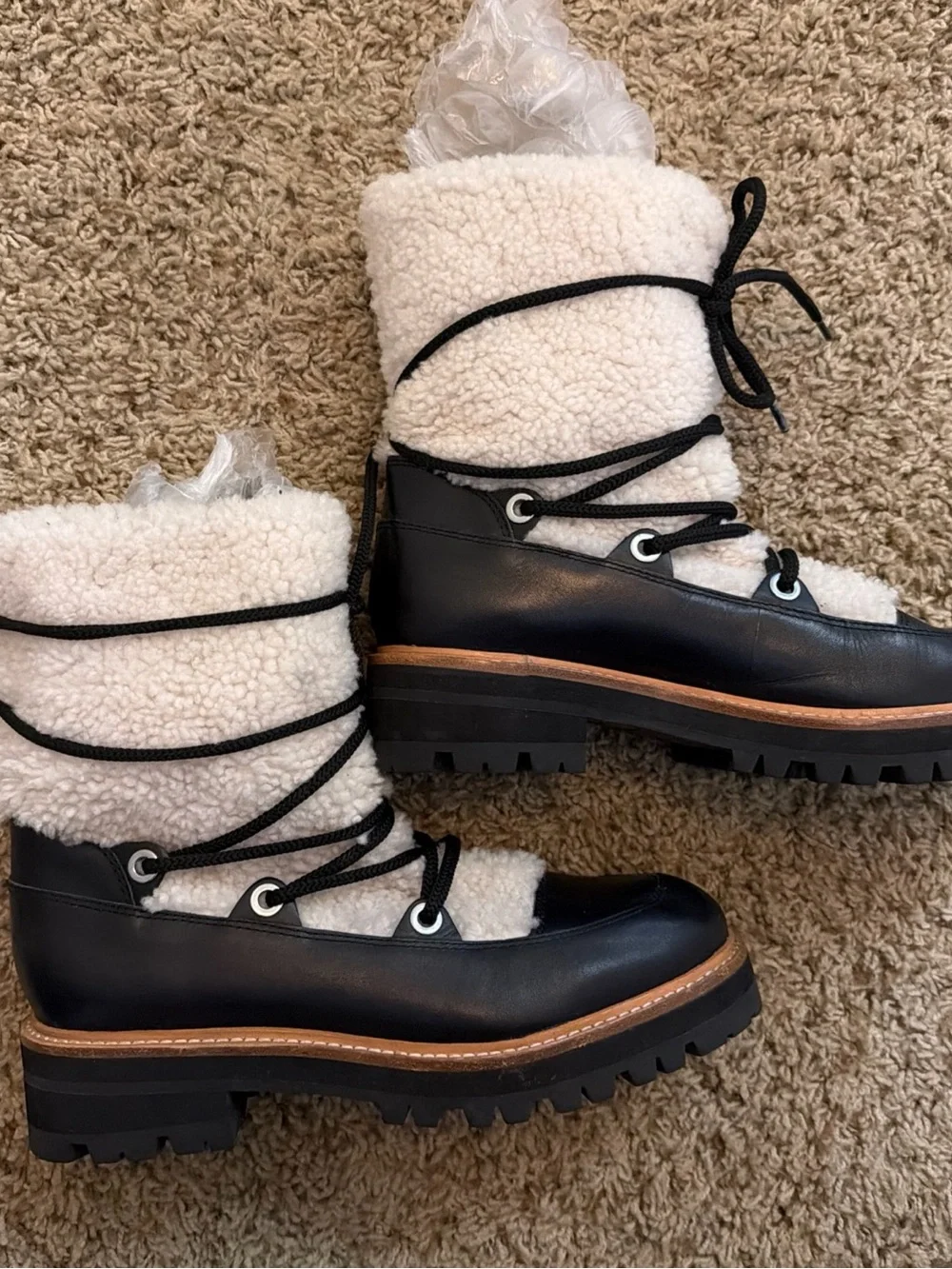 Marc Fisher Black Leather and White Sherpa Lace-Up Winter Boots